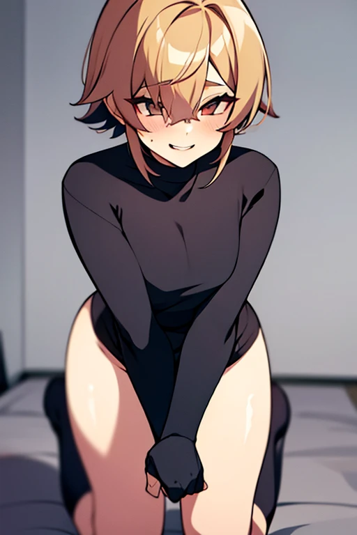 A solo femboy boy, smiling in a feminine way, with a sexy pose on all fours, very naughty, shorth hair, wearing a thick black sweater, with short shorts highlighting his giant penis.