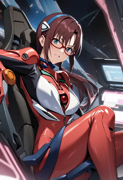 1girl, makinami mari illustrious,student,glasses, neon genesis evangelion,pink plugsuit,longsleeves,cockpit of evangelion,masterpiece, best quality, absurdres