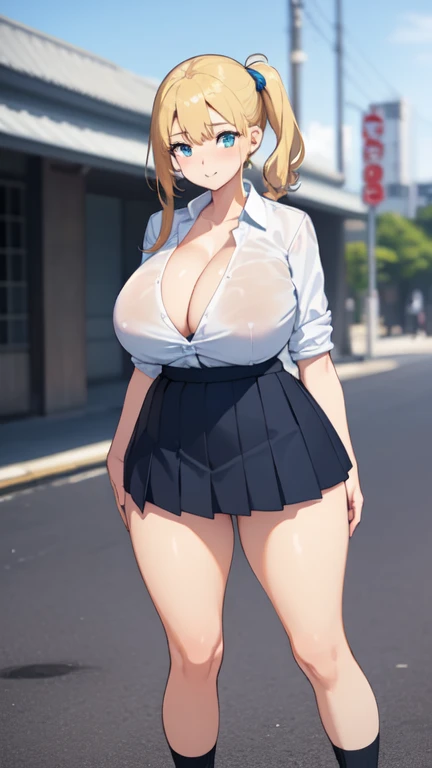 ((Highest quality)), ((masterpiece)), (detailed), 
((huge breasts))
((Very thick thighs))
((Very fleshy young woman))
(Tall)
(cleavage)
(Short Blonde side ponytail hair)
Blue eyes
Standing
(((Shoot from front)))
(((photograph the whole body)))
(Japanese sc...