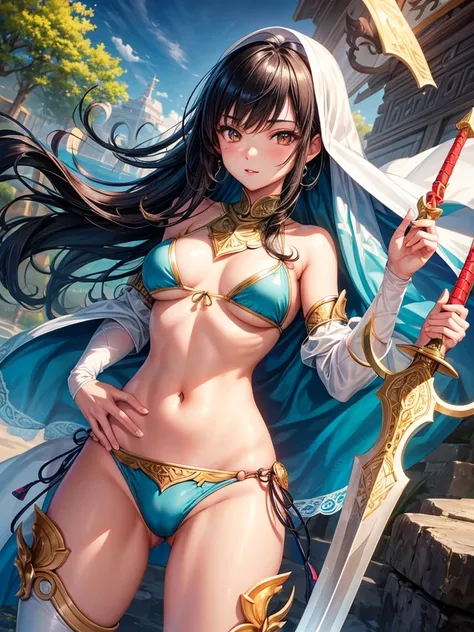 Beautiful Asian girl, 18 years old, light bikini knight girls, sexy lady, medium breasts, camel toe, long sword,