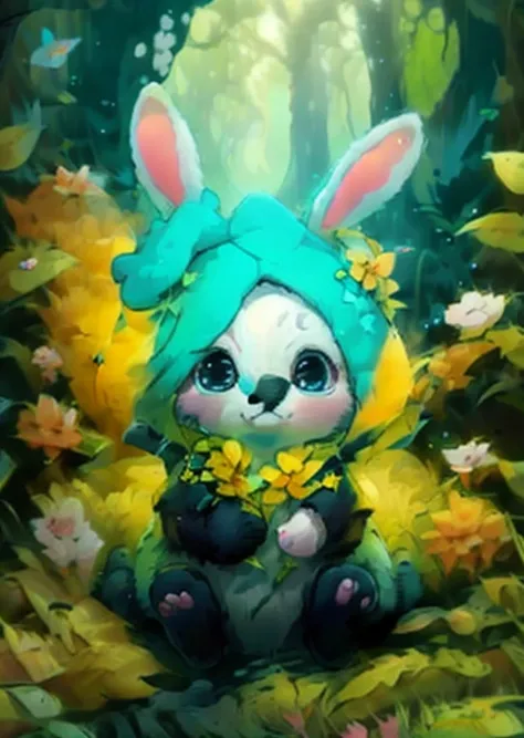 best quality,masterpiece,fluffy,bunny. blue scarf,big eyes,lawn,forest,paw pose,chibi,