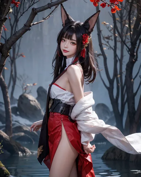 masterpiece, best quality, highest resolution, 16K, RAW photos,(realistic인:1.45),  (reality _ realistic_ raw photo), (whole body),standing,  (cowboy shot), dynamic pose, Red kimono with black floral pattern,(Open shoulder),  1 woman with fox ears and fox t...