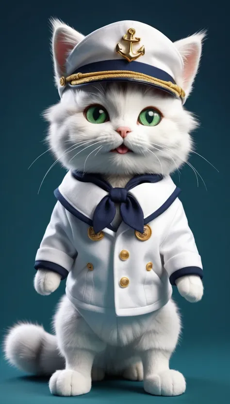 plush white fluffy , like garnostai, sailor cat,   stands on its hind legs, full length, in full white naval uniform, jacket, tr...