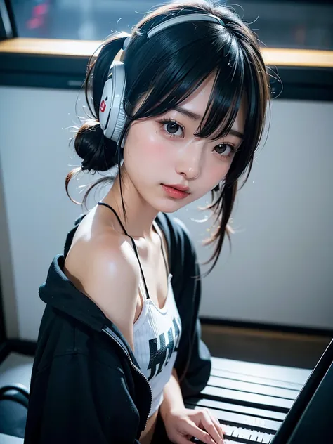 40-year-old Japanese woman、Black Hair、Hair is very short、Twin tails、Hatsune Miku Costume、Headphones、Flat Chest、Realistic photos、Realistic、8K quality、expensive、No bangs、High resolution, Highest quality, Anatomically correct, Winner of numerous awards, Ultra...