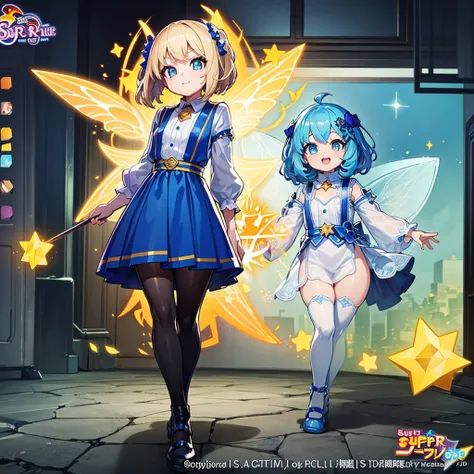 1girl,(((Highest quality、Masterpiece、Official Art、Super detailed、The best dynamic composition)))、Anime Style、Star Fairy、Color Palette（Blue and white）、A cute walking stick in the shape of a giant star、Sparkling、Unique and unique hairstyles、Unique clothing、