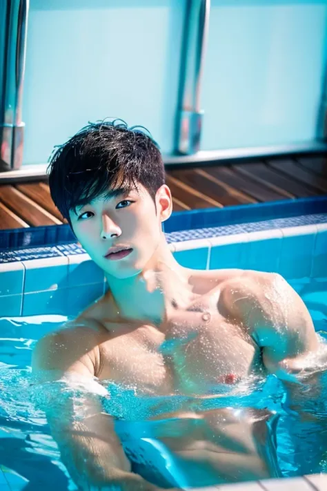 Korean man wet in the pool