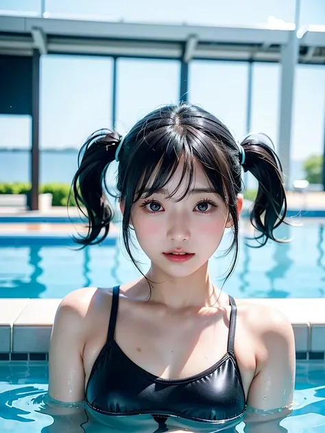 40-year-old japanese woman、black hair、hair is very short、twin tails、hatsune miku costume、headphones、flat chest、realistic photos、...