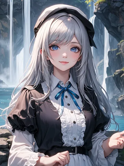 (masterpiece:1.2),(4k),high quality,super high resolution,(perfect anatomy),(1 girl),ultra-detailed face,silver long hair,beautiful detailed blue eyes,a shy smile,look at viewer,long sleeve petal collar blouse,white newsboy cap,tiered skirt,Undeservedly be...