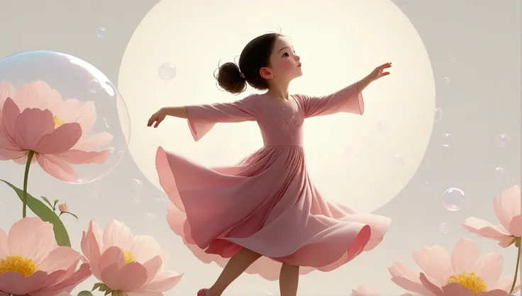 Character setting diagram；1 dancing little girl,。Solitary,Wearing a cute pink dress，Happy expression，Playful；The character is on the right side of the screen 1.5，whole body；There are flowers around the characters；Light pink background，There are many transp...