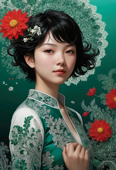 Beautiful and delicate portrait of a playful cute girl with boyish short hair, Black Hair, Emerald Green Sea, Mischievous Smile, Dancing Petals, (Highest quality, masterpiece, Ultra-realistic) Petals are floating in the background Official Art, unity 8k wa...