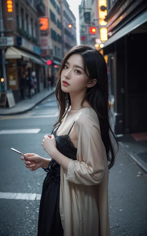 Ultra-high resolution，High-resolution details，Photo of a beautiful Korean woman standing on a street corner, with influence of Jeremy Mann, Jeremy Mann, style of Jeremy Mann, Jeremy Mann painting, Jeremy Mann art, Ron Hicks, Lipke, Jeremy Mann and alphonse...