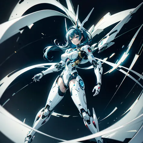 masterpiece, high quality, During the surgery to convert the machine、Yoshiko Tsushima, who has been turned into a mechanical body cyborg、Surgery to convert to a gynoid cyborg body with exposed mechanical parts、Blue and white leotard-type mechanical armor、T...