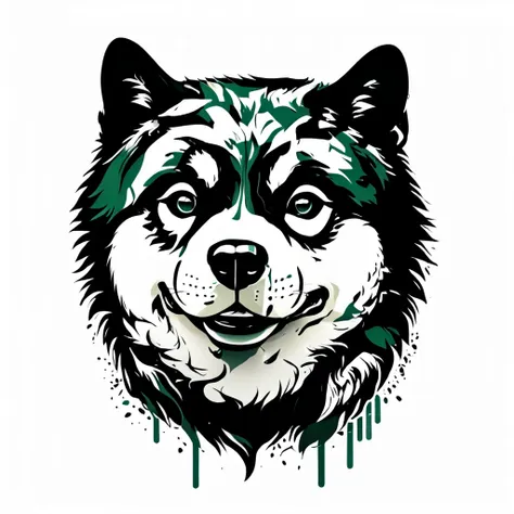 a friendly american akita dog, green theme, monochrome, beautiful detailed illustration, detailed dog face, detailed eyes and no...