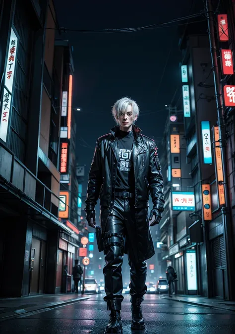 man character, cyber punk, and a futuristic japan style city