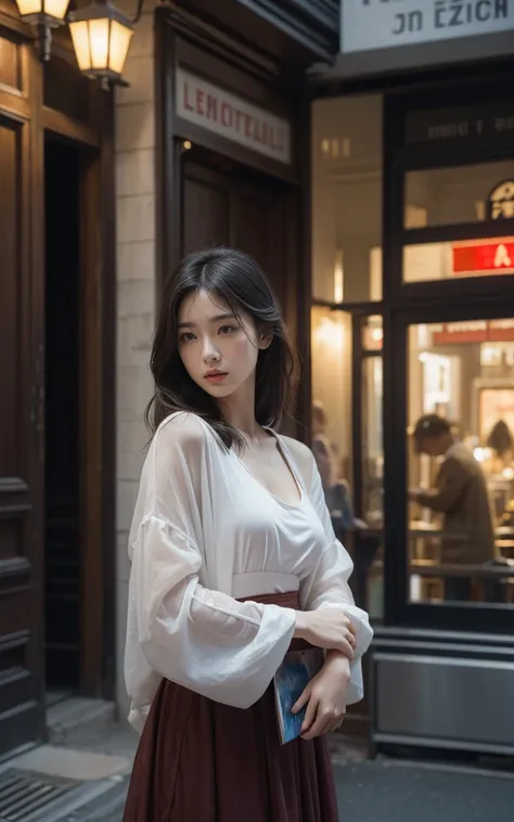 Ultra-high resolution，High-resolution details，Photo of a beautiful Korean woman standing on a street corner, with influence of Jeremy Mann, Jeremy Mann, style of Jeremy Mann, Jeremy Mann painting, Jeremy Mann art, Ron Hicks, Lipke, Jeremy Mann and alphonse...