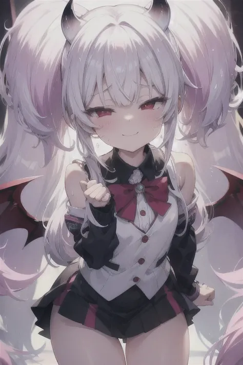 pretty girl、Young face、long silver Hair、long Twin tails、Pink eyeischievous face、Spoiled brat、uniform、Immature body、Small breasts、smile、Sweat、（Thick thighs:1.5)、very little demon horns and tail、red  eyes、（Cowboy Shot）、On all fours、Backwards、looking at viewe...