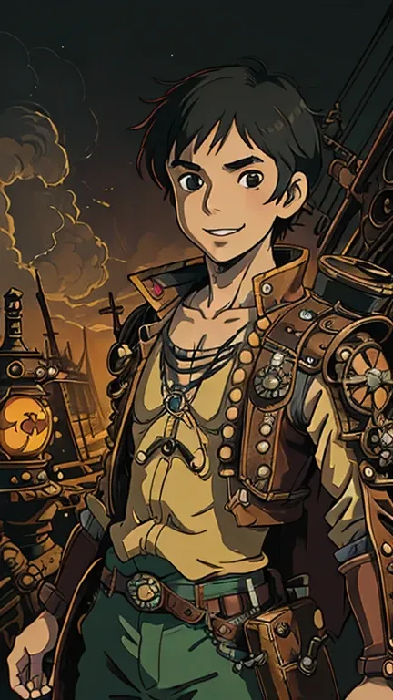 (8k),(masterpiece),(Japanese),(17-year-old boy),((steampunkai)),((ghibli style art style)),From the front,upper body,Cowboy shot,smile,cute,Innocent,Kind eyes,Flat chest,Black Hair,night,dark,steampunk background 