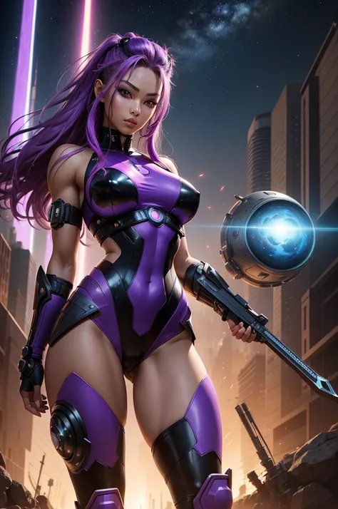 A beautiful, exuberant and very young cybernetic android warrior with black African and oriental Japanese and Chinese features, mixed with the clone of the Greek warrior goddess Athena, with huge super ultra mega giant breasts, purple eyes, transformed int...