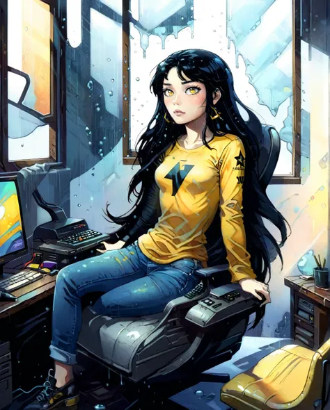 anime-style digital illustration with a female character with long black hair. she has light skin and impressive golden eyes. lo...