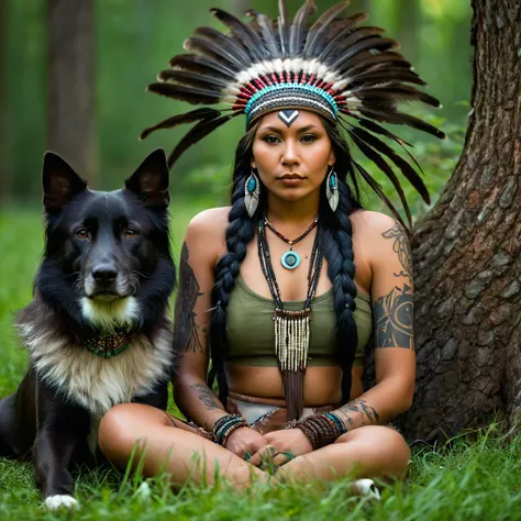 Realistic image of a beautiful Native American woman, alone, with long hair, looking at the viewer, black hair, brown eyes, jewelry, braid, earrings, dark skin, necklace, mole, dark-skinned woman, lips, tattoo, feathers, headdress, facial tattoo, Native Am...