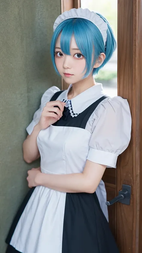 Girl、anime、Light blue hair、short hair、Maid clothes、Black clothes、Hiding one eye