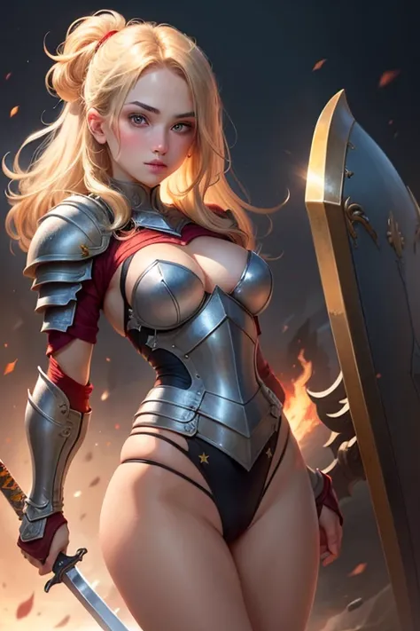 1 girl, star eye, blush, perfect lighting, hair blonde, Eyes red, engine unreal, side lighting, face detailed, bangss, shining skin, simple background, darkness background, warrior with sword and shield, breasts small, Delicate legs, heavy armor