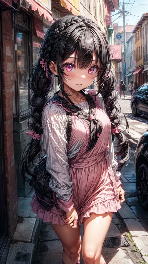 (Two Braided twintails, black hair, pink eyes:1.3), (masterpiece, best quality, colorful),