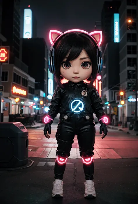 Chibi character exploring a futuristic cityscape, oversized headphones and glowing
eyes.