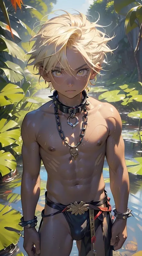 little boy tribal,(((little boy,boy,kid,kid only,,1boy,male gender))),((((8 years old)))),

childs chest,(((blonde hair,punk hair,colored inner hair))),((yellow_eyes:1.3))),intricate eyes,beautiful detailed eyes,symmetrical eyes,big eyes:1.5,(((black skin,...