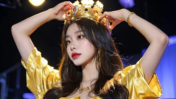 Hip hop female singer wearing a golden crown.