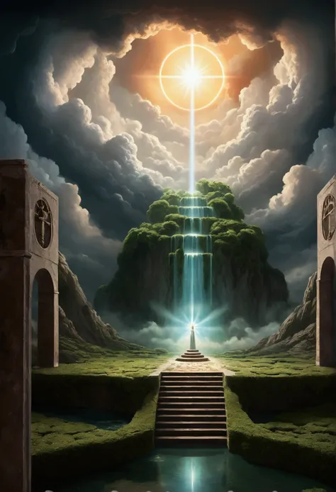 An illustration of purgatory, showing a mystical place with an ethereal atmosphere, surrounded by clouds and a divine light, symbolizing purification.