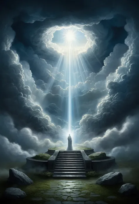 An illustration of purgatory, showing a mystical place with an ethereal atmosphere, surrounded by clouds and a divine light, symbolizing purification.