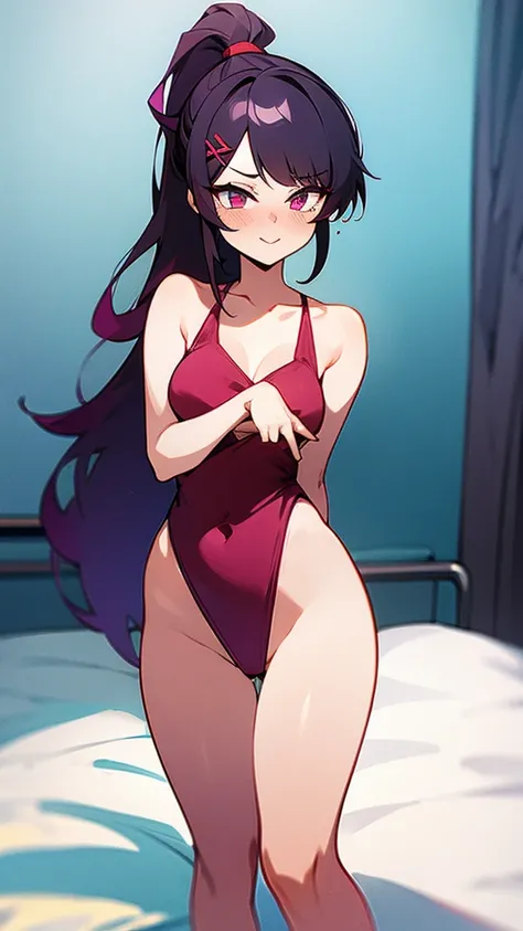 High tail hairstyle, Ponytail hairstyle, Long wavy black hair, standing posing, anime girl style, pixel art anime style,penetrating look with deep eyes,red and purple eyes, hair with a ponytail hairstyle trapped with a big red bun, women, red hair clips, x...