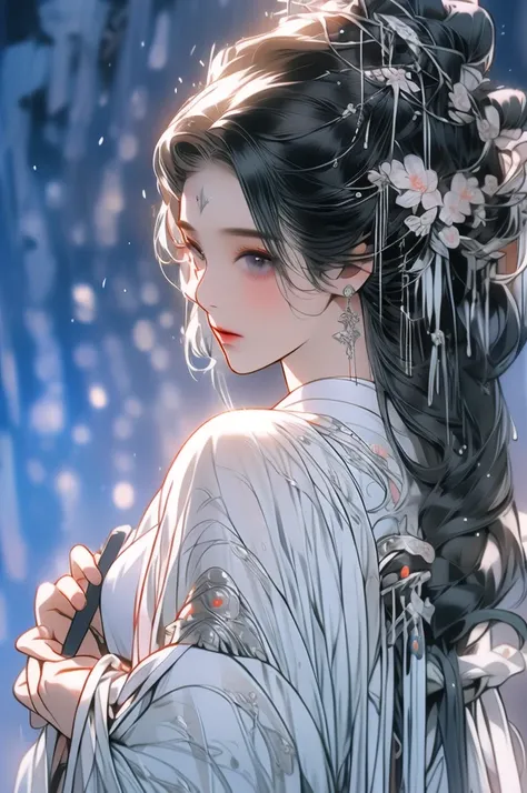 black hair, immortal cultivation, royal sister, white robe, hime cut, hair scrunchie, romanticism, gothic art, ray tracing, cine...