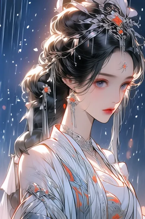 black hair, immortal cultivation, royal sister, white robe, hime cut, hair scrunchie, romanticism, gothic art, ray tracing, cine...