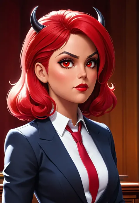 a picture of a female devil wearing barristers wig and cloak in courtroom, a devilishly beautiful devil, ((anatomically correct: 1.5), (ultra detailed face: 1.2), best detailed face, (red skin: 1.3), two black horns, wearing white button shirt, red tie, En...