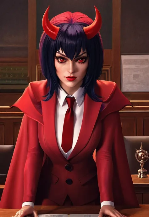 a picture of a female devil wearing barristers wig and cloak in courtroom, a devilishly beautiful devil, ((anatomically correct: 1.5), (ultra detailed face: 1.2), best detailed face, (red skin: 1.3), two black horns, wearing white button shirt, red tie, En...