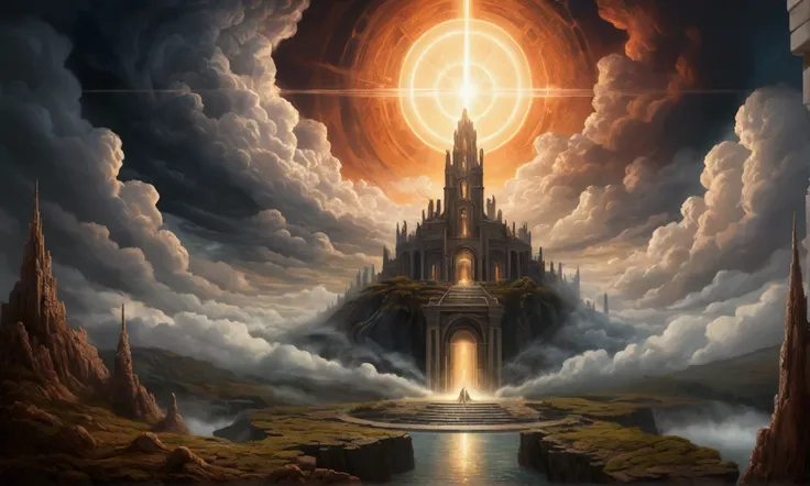 An illustration of purgatory, showing a mystical place with an ethereal atmosphere, surrounded by clouds and a divine light, symbolizing purification.