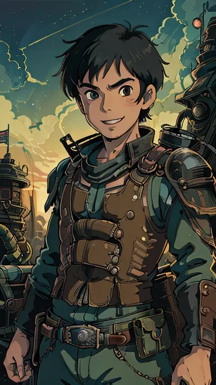 (8k),(masterpiece),(Japanese),(17-year-old boy),((dieselpunkai)),((ghibli style art style)),From the front,upper body,Cowboy shot,smile,cute,Innocent,Kind eyes,Flat chest,Black Hair,night,dark,dieselpunk background 