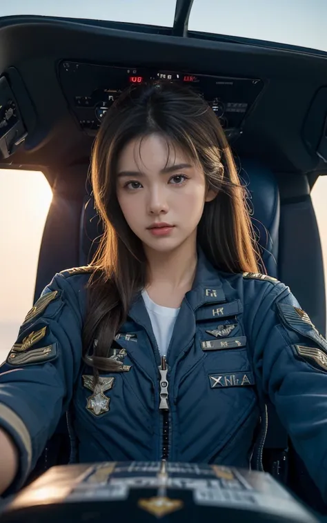 Ultra-high resolution，High-resolution details，(8K, best quality, masterpiece)，{Practical, RAW photos, Ultra-fine transparent, image, (Scene style:1.6)}, Practical Light, Delicate skin, (Beautiful slim woman, Age 18, U.S. Air Force pilot:1.5), Long hair, De...