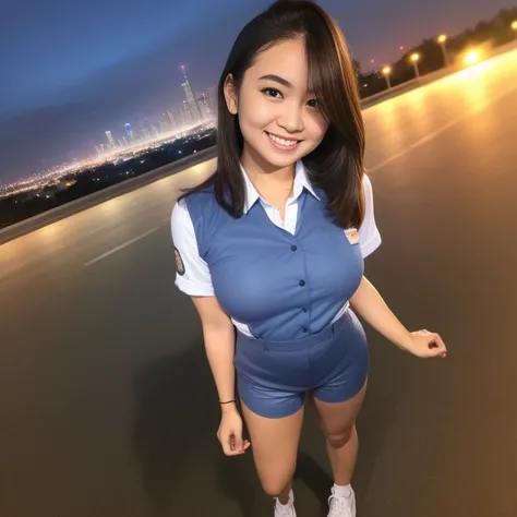 1girl, (uniform), standing, outdoors, night view, detailed Metropolitan city at the background, detailed face, little smile, detailed eyes, medium breasts, smooth realistic skin, fit body, short pants, looking at the audience, (ultra wide angle shot: 1.3),...