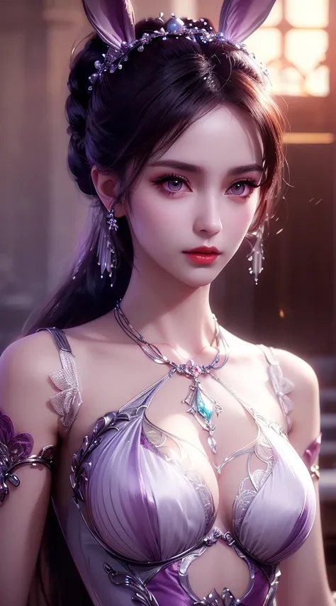 1 beautiful girl in Han costume, thin purple silk shirt with white color with many textures, white lace top, long platinum purple ponytail, hair jewelry, ear jewelry, light purple rabbit ears, necklace and necklace, meticulously drawn large purple eyes, me...