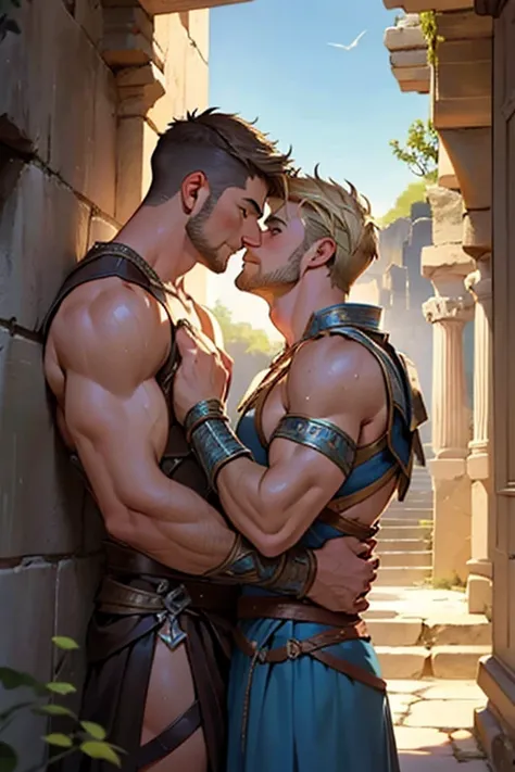 2 men, photo realistic. A friendly, pleased, handsome, muscular, 25-year-old, Greek male gladiator, with short, fade-cut brown hair, stubble, and blue eyes, shirtless, wearing an armored skirt and sandals, glistening with sweat, cuddling with a handsome, l...