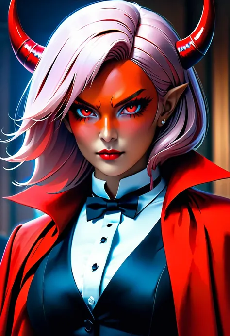 a picture of a female devil wearing barristers wig and cloak in courtroom, a devilishly beautiful devil, ((anatomically correct: 1.5), (ultra detailed face: 1.2), best detailed face, (red skin: 1.3), two black horns, wearing white button shirt, red tie, En...