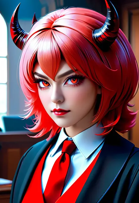 a picture of a female devil wearing barristers wig and cloak in courtroom, a devilishly beautiful devil, ((anatomically correct: 1.5), (ultra detailed face: 1.2), best detailed face, (red skin: 1.3), two black horns, wearing white button shirt, red tie, En...