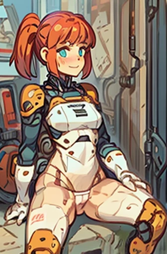 A Female mature robot loves herself. she wears nothing. Her Brown very short pigtails is tied with two big red clothespins, mature, android, blue eyes, full body, Height: 160cm, flushed cheeks, sweat bucket. full body shot, looking straight. Her smile is c...