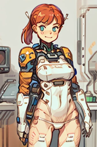 A Female mature robot loves herself. she wears nothing. Her Brown very short pigtails is tied with two big red clothespins, mature, android, blue eyes, full body, Height: 160cm, flushed cheeks, sweat bucket. full body shot, looking straight. Her smile is c...