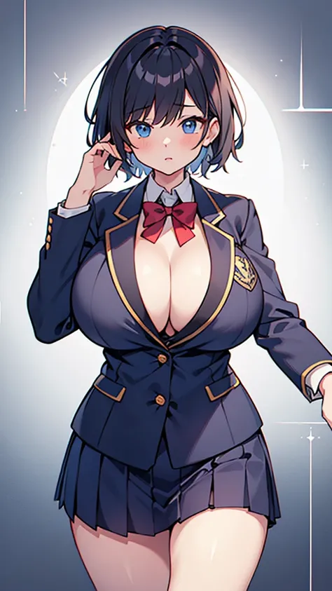 God Work Illustration,huge breasts,breasts clothes,silhouette,ultra large school blazer uniform,short hair,loose-fitting blouse,Sporty aura,