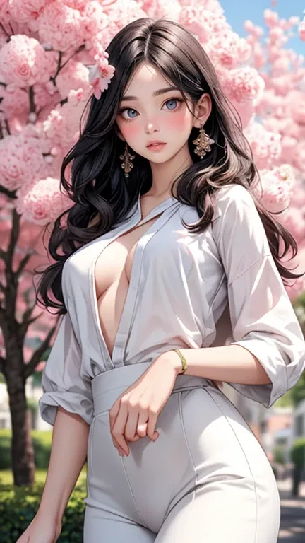 (masterpiece, best quality, photorealistic), woman, solo, perfect slim fit body, large breasts, wavy hair, hair ornaments, big gorgeous eyes, faint smile, parted lips, they are in front of a tree with pink flowers, a sunny afternoon, artistic, vibrant