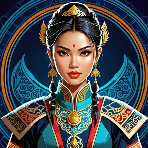 female	netrunner	in thai folk outfit	,vector graphics, strong contours, logo design																						